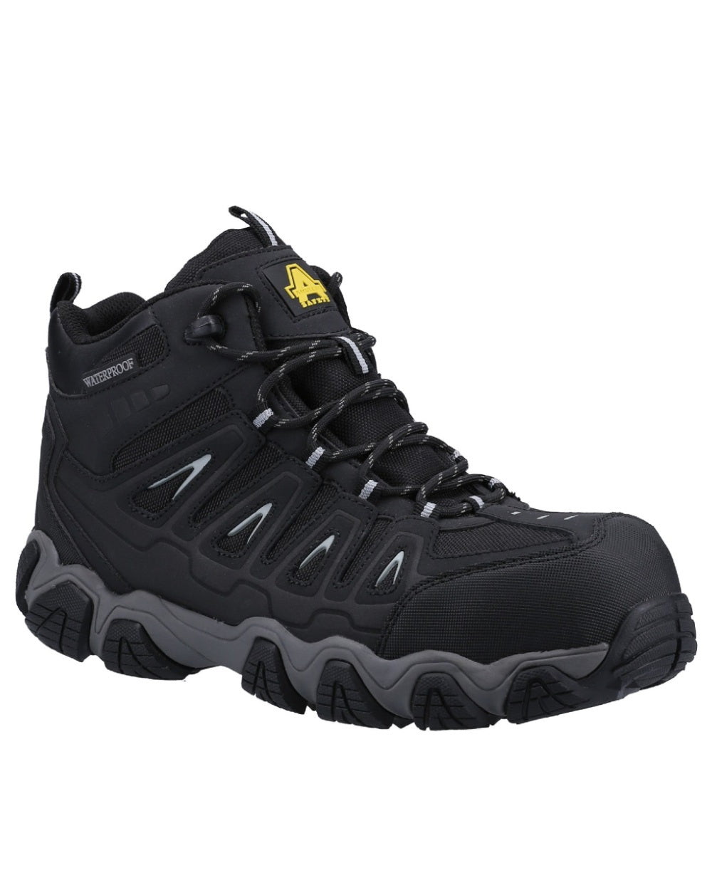 Black coloured Amblers Safety AS801 Rockingham Waterproof Safety Hiker Boots on white background 