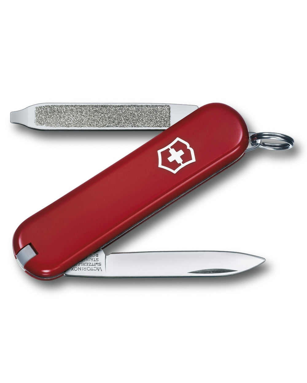Red coloured Victorinox Escort Swiss Army Lightweight Pocket Knife on white background 