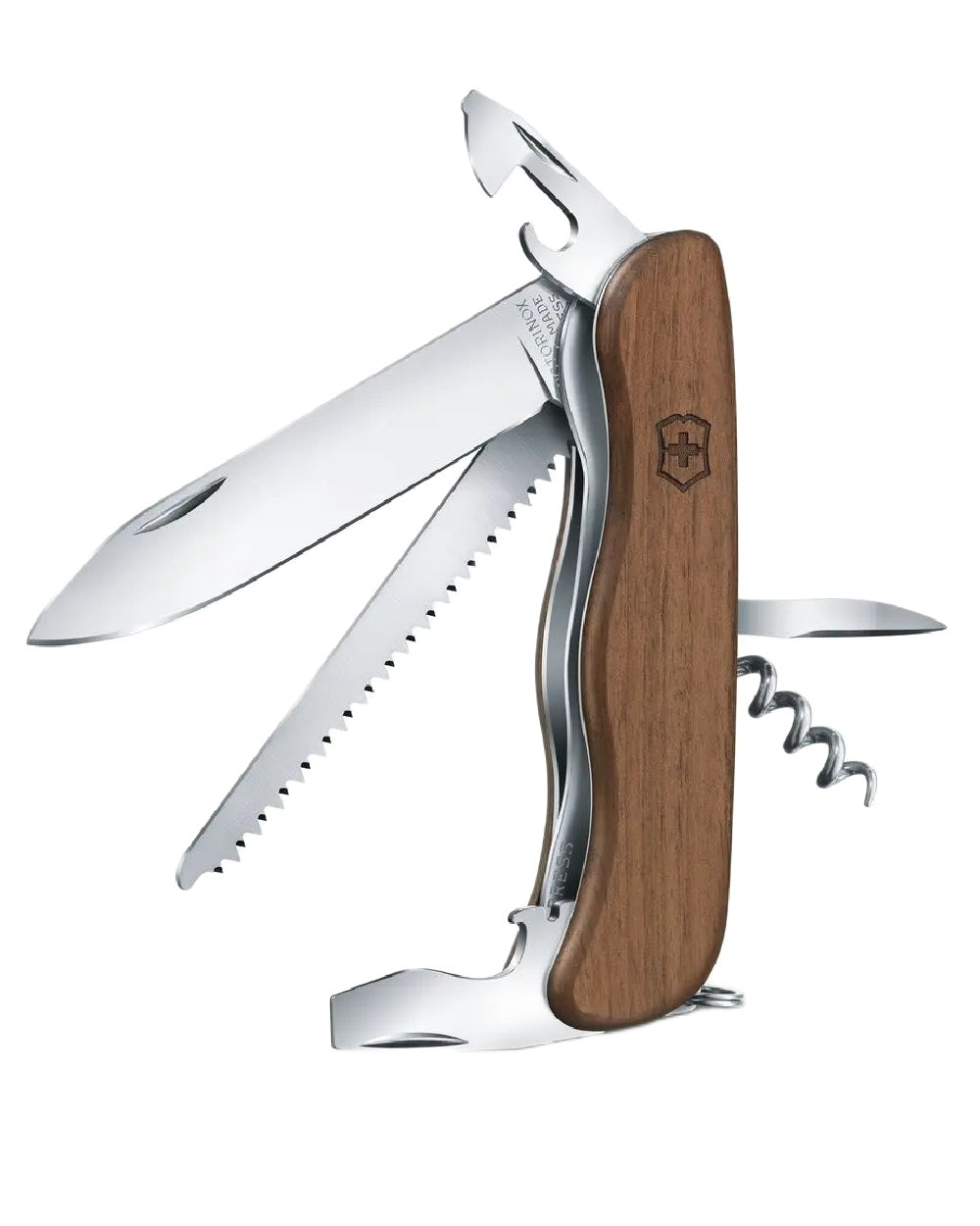 Walnut Wood Coloured Victorinox Forester Wood Swiss Army Pocket Knife on white background 