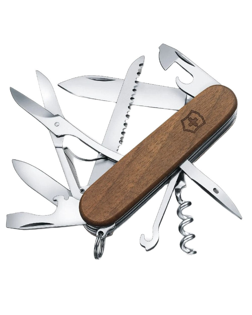 Walnut Wood Coloured Victorinox Huntsman Wood Swiss Army Pocket Knife on white background 