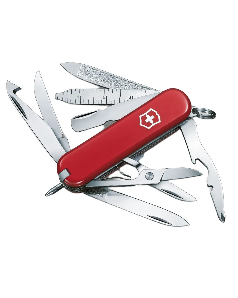Red Coloured Victorinox Mini Champ Swiss Army Pocket Knife on white background 