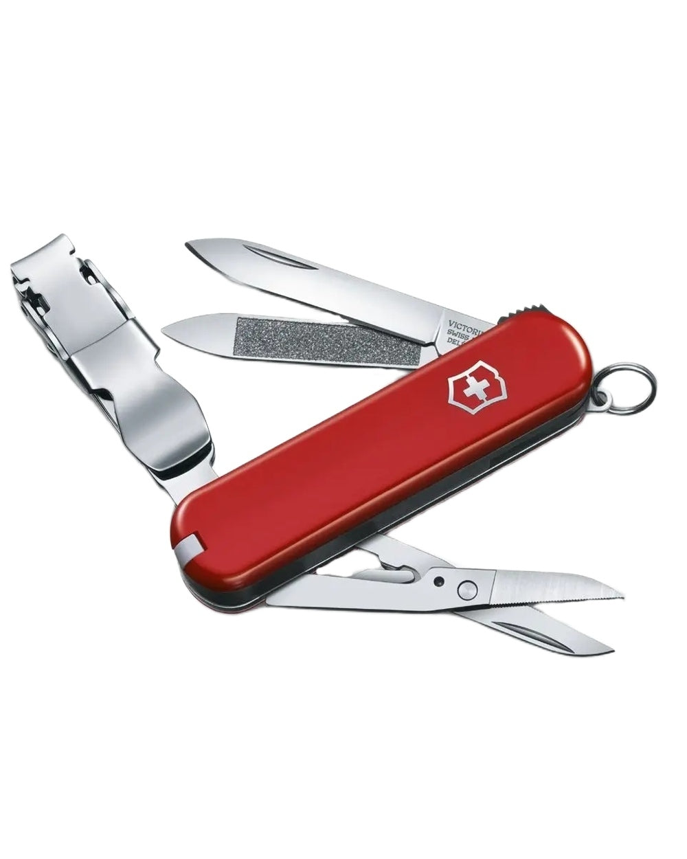 Red Coloured Victorinox Nail Clip 580 Swiss Army Pocket Knife on white background 
