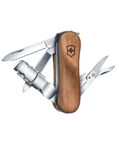Walnut Wood Coloured Victorinox Nail Clip Wood 580 Swiss Army Pocket Knife on white background 