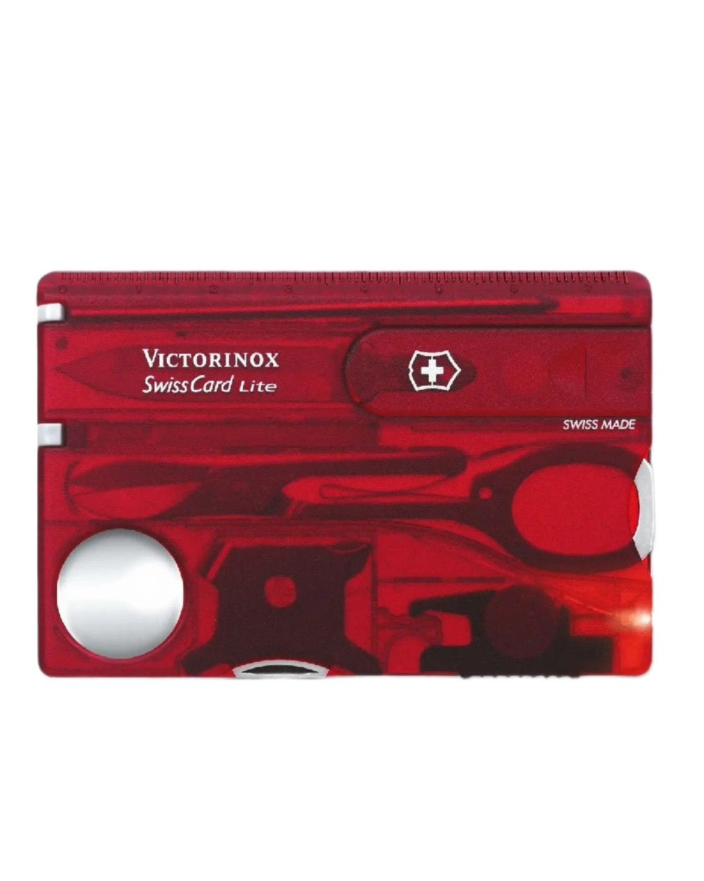 Red Transparent Coloured Victorinox Swiss Card Lite on white background 