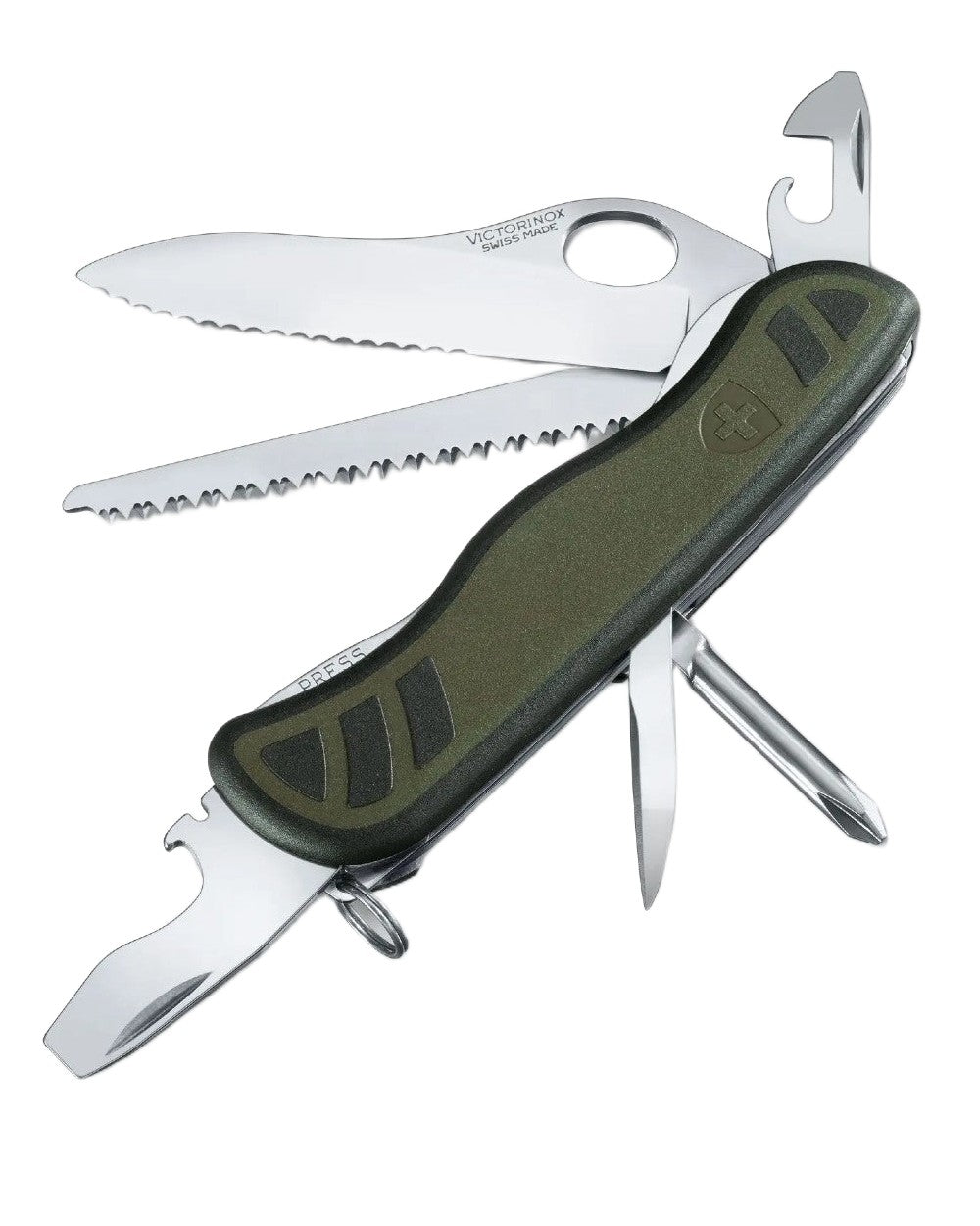 Green Coloured Victorinox Swiss Soldiers 08 Pocket Knife on white background