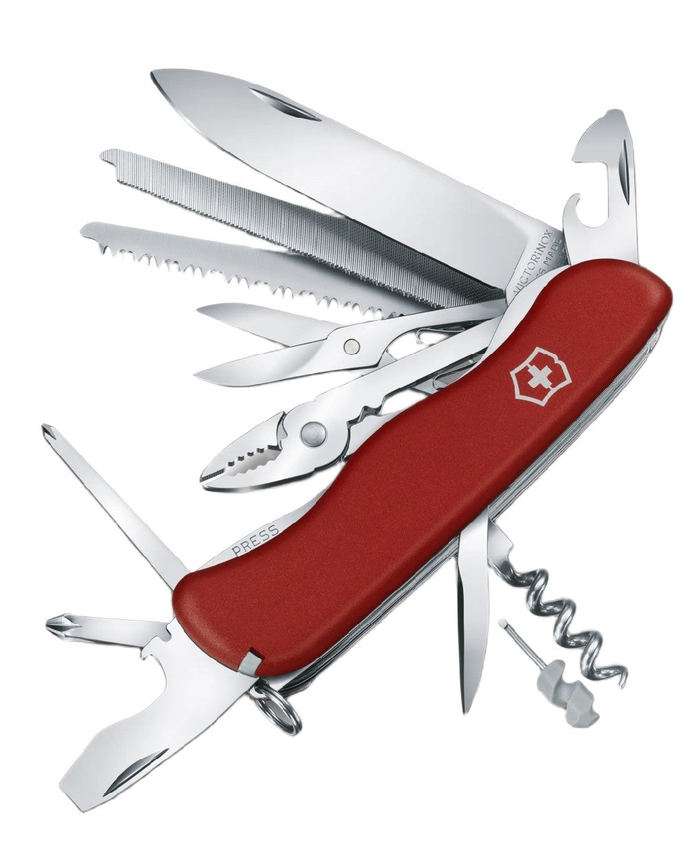 Red Coloured Victorinox Work Champ Swiss Army Pocket Knife on white background 