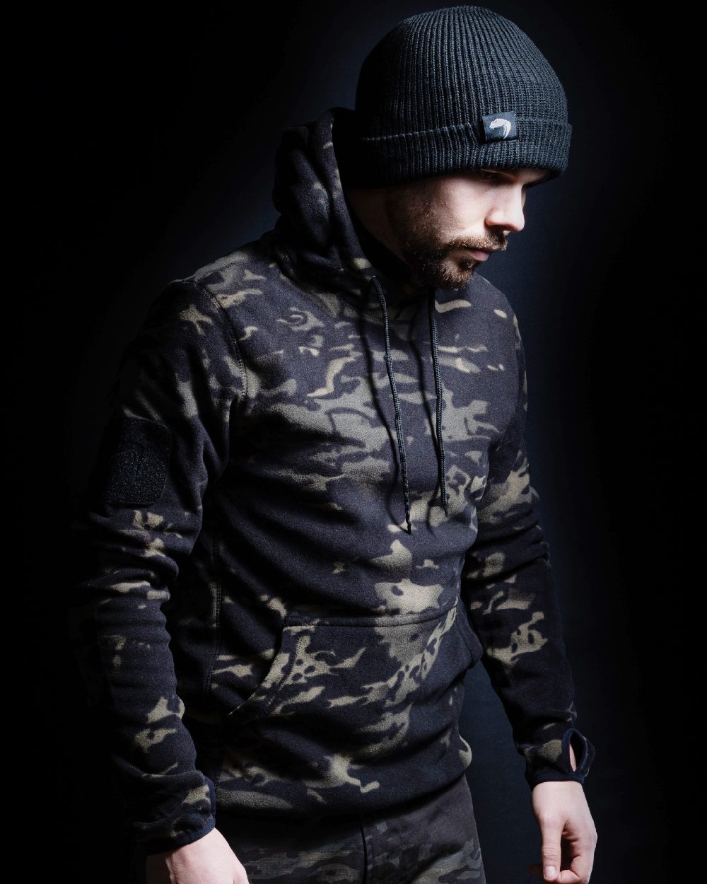 VCAM Black Coloured Viper Fleece Hoodie on blurry background 