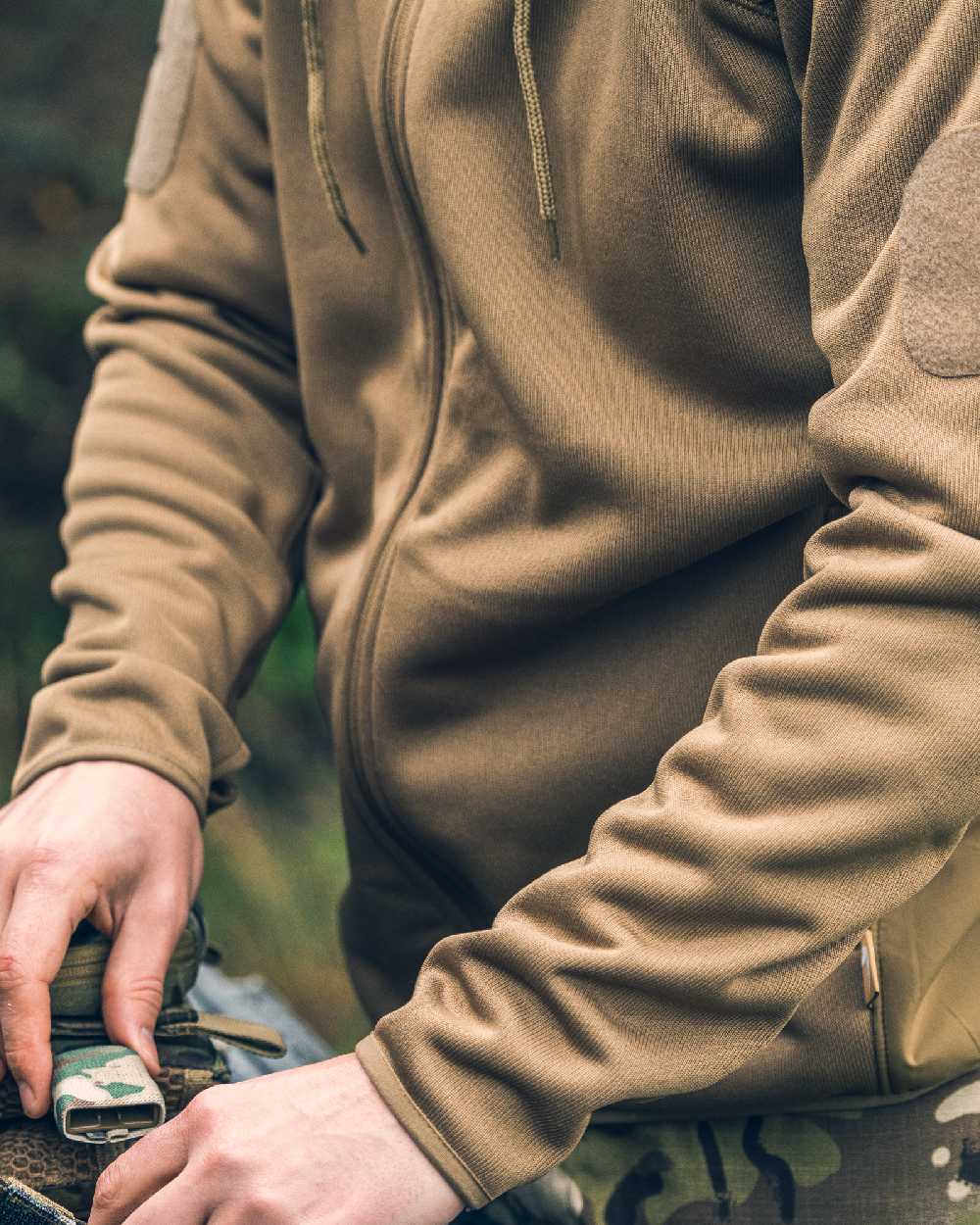 Coyote coloured Viper Storm Hoodie on blurry background 