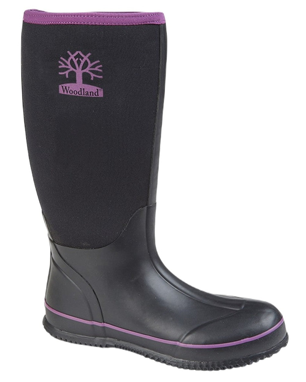 Black Purple coloured Woodland Ladies Pull On Neoprene Wellingtons on white background 