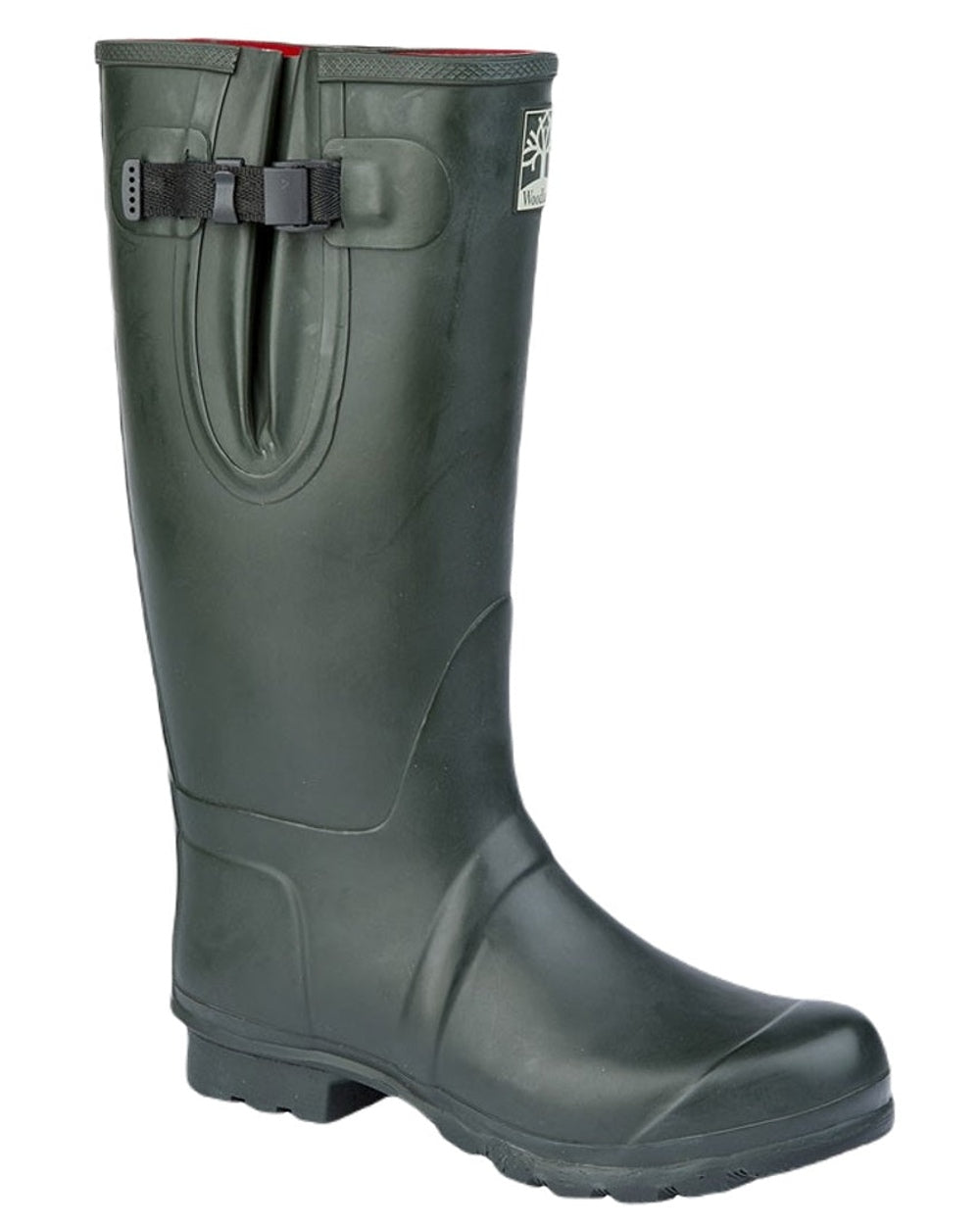 Olive coloured Woodland Neoprene Gusset Insulated Wellingtons on white background 