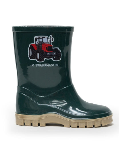 Green Beige coloured Xpert Kids Swampmaster Junior Tractor Wellington Boots on white background 