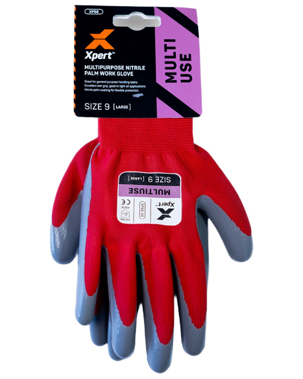 Red-grey coloured Xpert Core Multipurpose Nitrile Palm Work Gloves on white background 