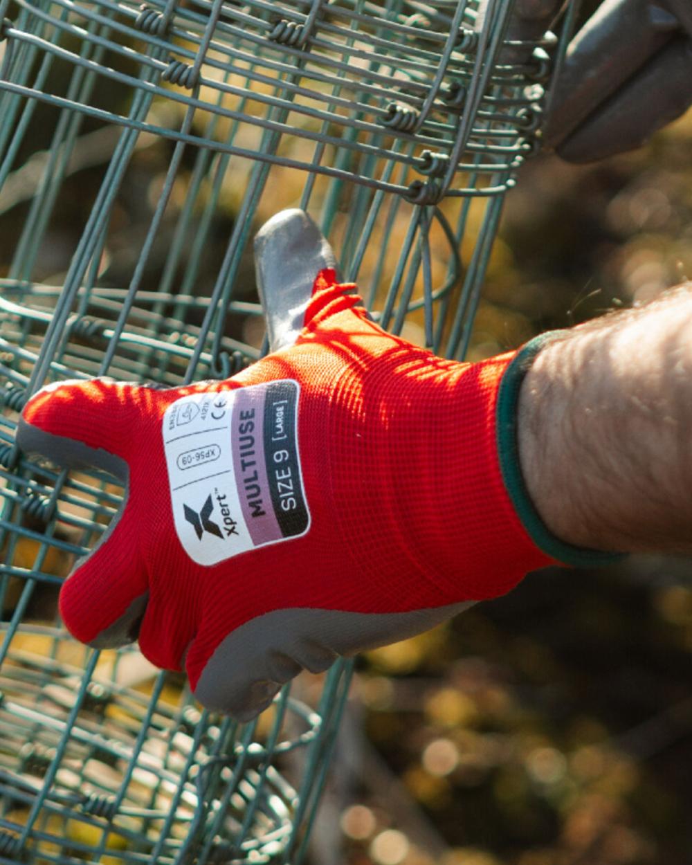 Red Grey coloured Xpert Core Multipurpose Nitrile Palm Work Gloves on blurry background 