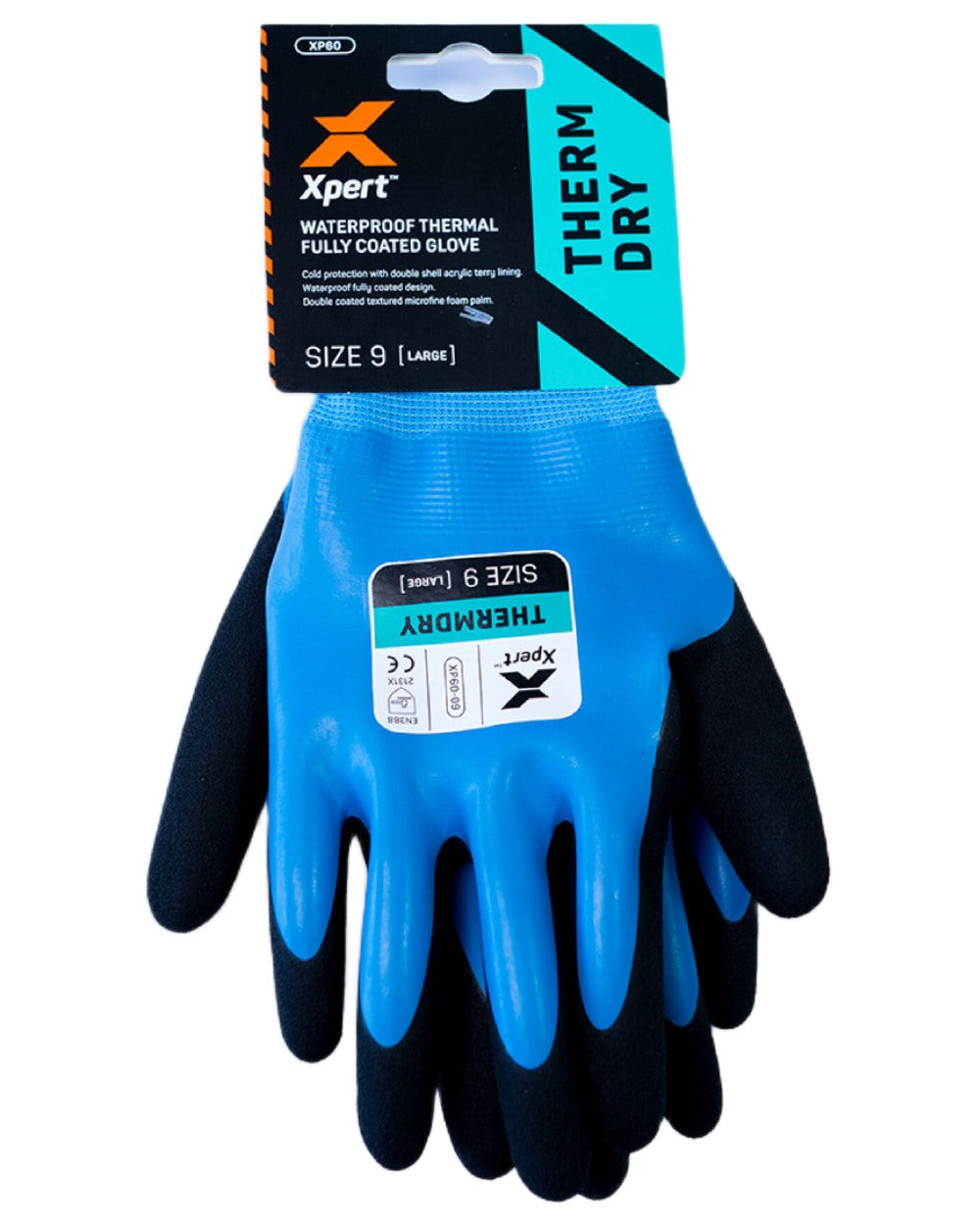 Blue Black coloured Xpert Core Thermdry Waterproof Thermal Fully Coated Gloves on white background 