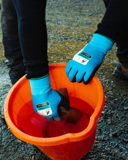 Blue Black coloured Xpert Core Thermdry Waterproof Thermal Fully Coated Gloves on outdoor background 
