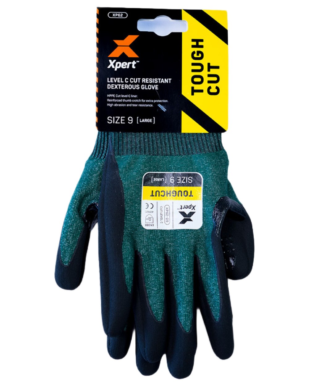 Green Black coloured Xpert Core Toughcut Level C Cut Resistant Dexterous Gloves on white background 