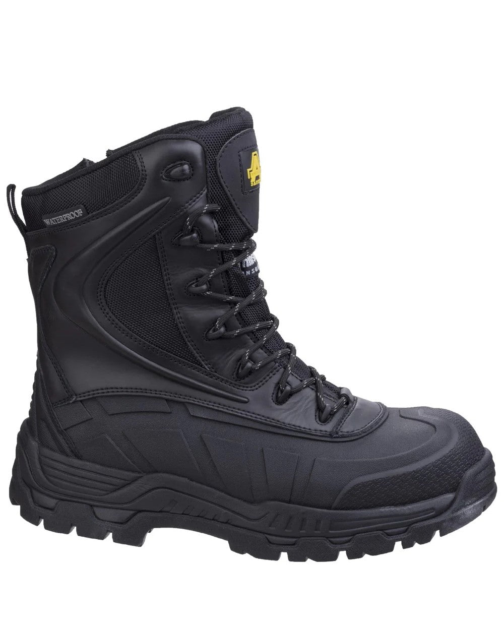Black Coloured Amblers Safety AS440 Skomer Src Hybrid Hi-Leg Waterproof Safety Boots on a white back ground