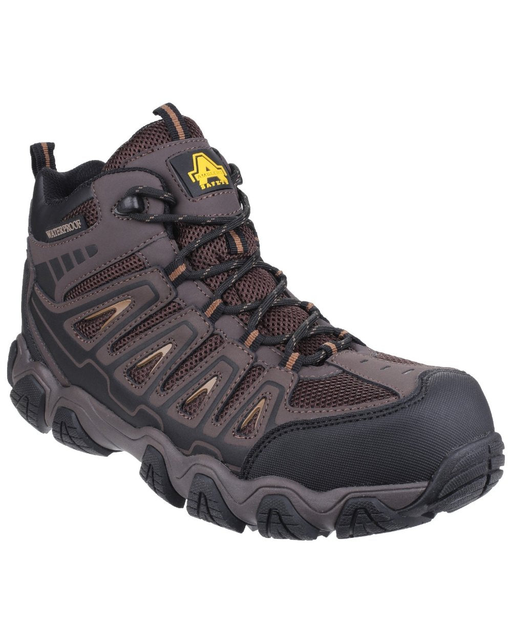 Brown coloured Amblers Safety AS801 Rockingham Waterproof Safety Hiker Boots on white background 