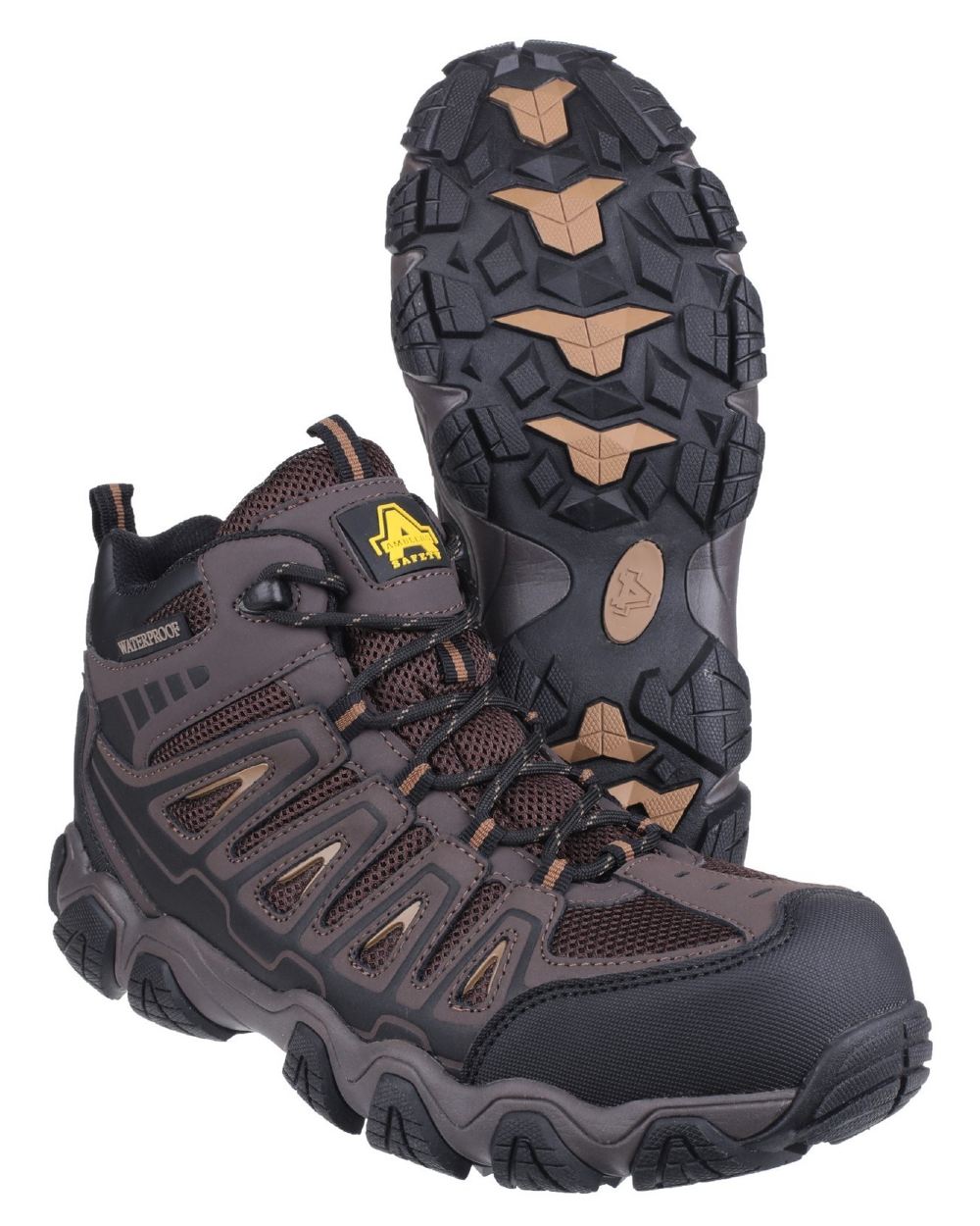 Brown coloured Amblers Safety AS801 Rockingham Waterproof Safety Hiker Boots on white background 