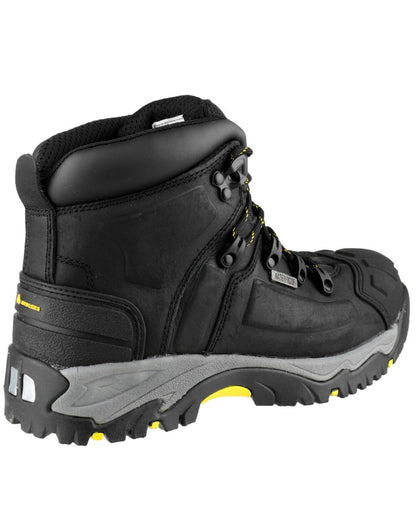 Black Coloured Amblers Safety AS803 Waterproof Wide Fit Safety Boots on a white background 
