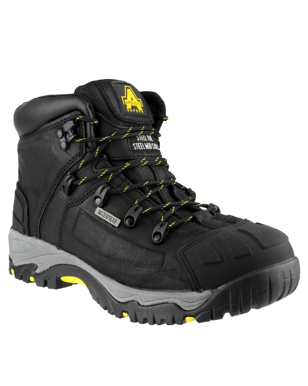Black Coloured Amblers Safety AS803 Waterproof Wide Fit Safety Boots on a white background