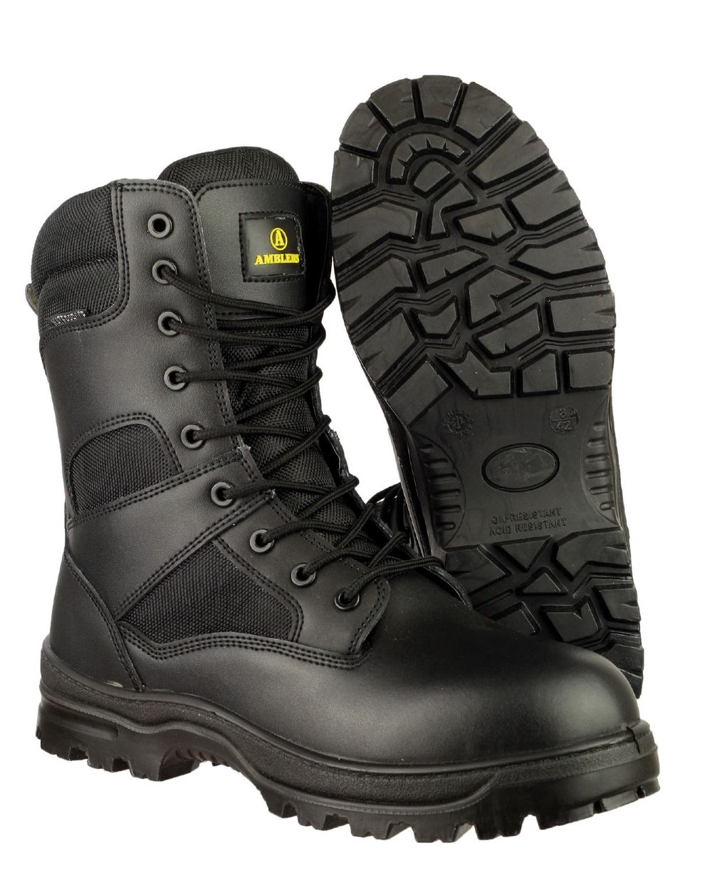 Black Coloured Amblers Safety Combat Hi-Leg Waterproof Boots on a white background