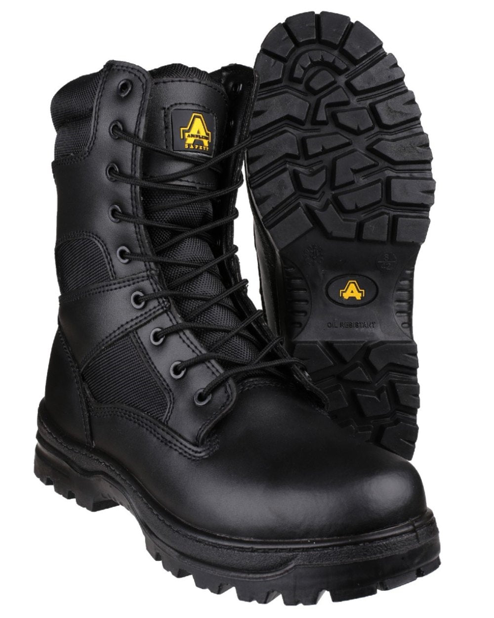 Black Coloured Amblers Safety FS009C Hi-leg Safety Boots on a white background