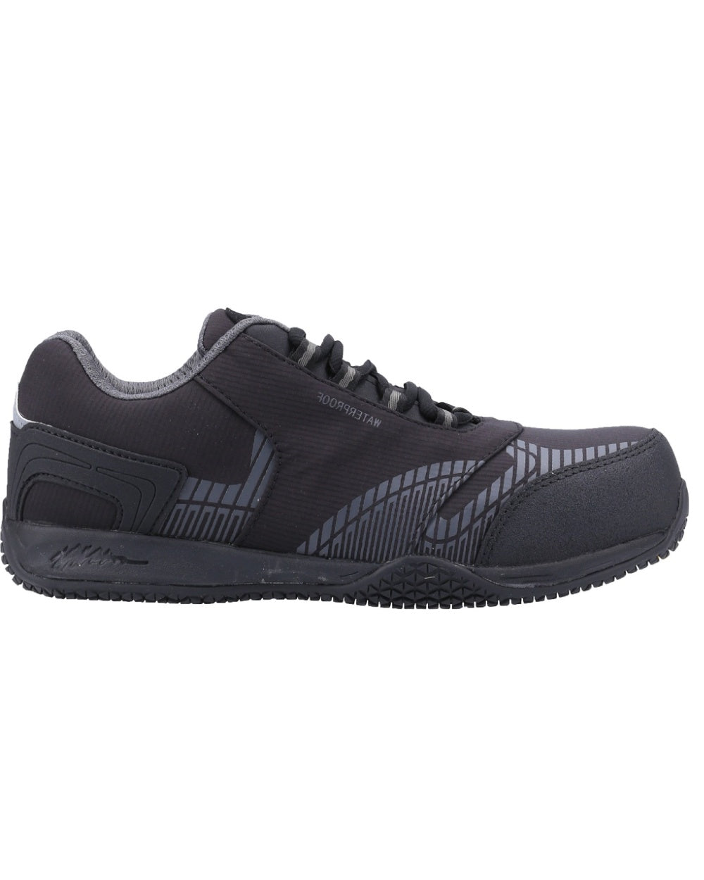 Black Coloured Amblers Safety FS29C Waterproof Metal Free Non Leather Safety Trainer on a white background
