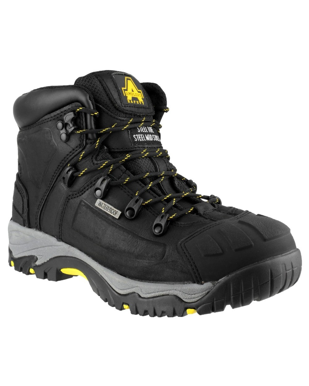 Black Coloured Amblers Safety FS32 Waterproof Safety Boots on a white back ground
