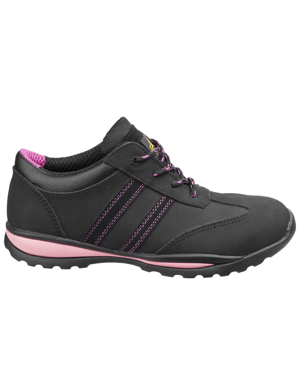 Black Pink Coloured Amblers Safety FS47 Safety Trainer on a white background