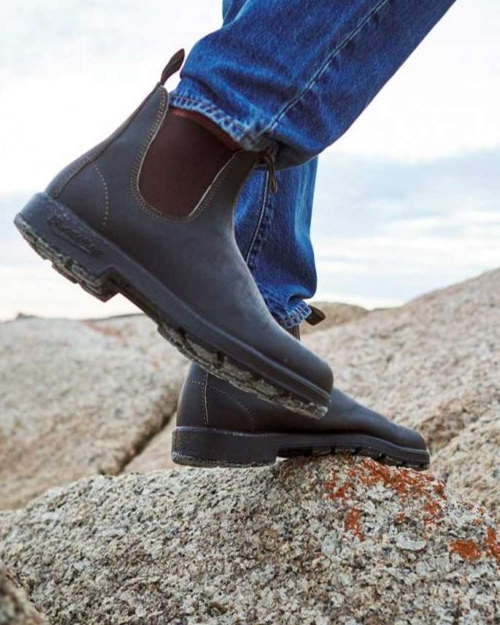 Walnut Coloured Blundstone 550 Brown Leather Chelsea Boots on Outdoor Background