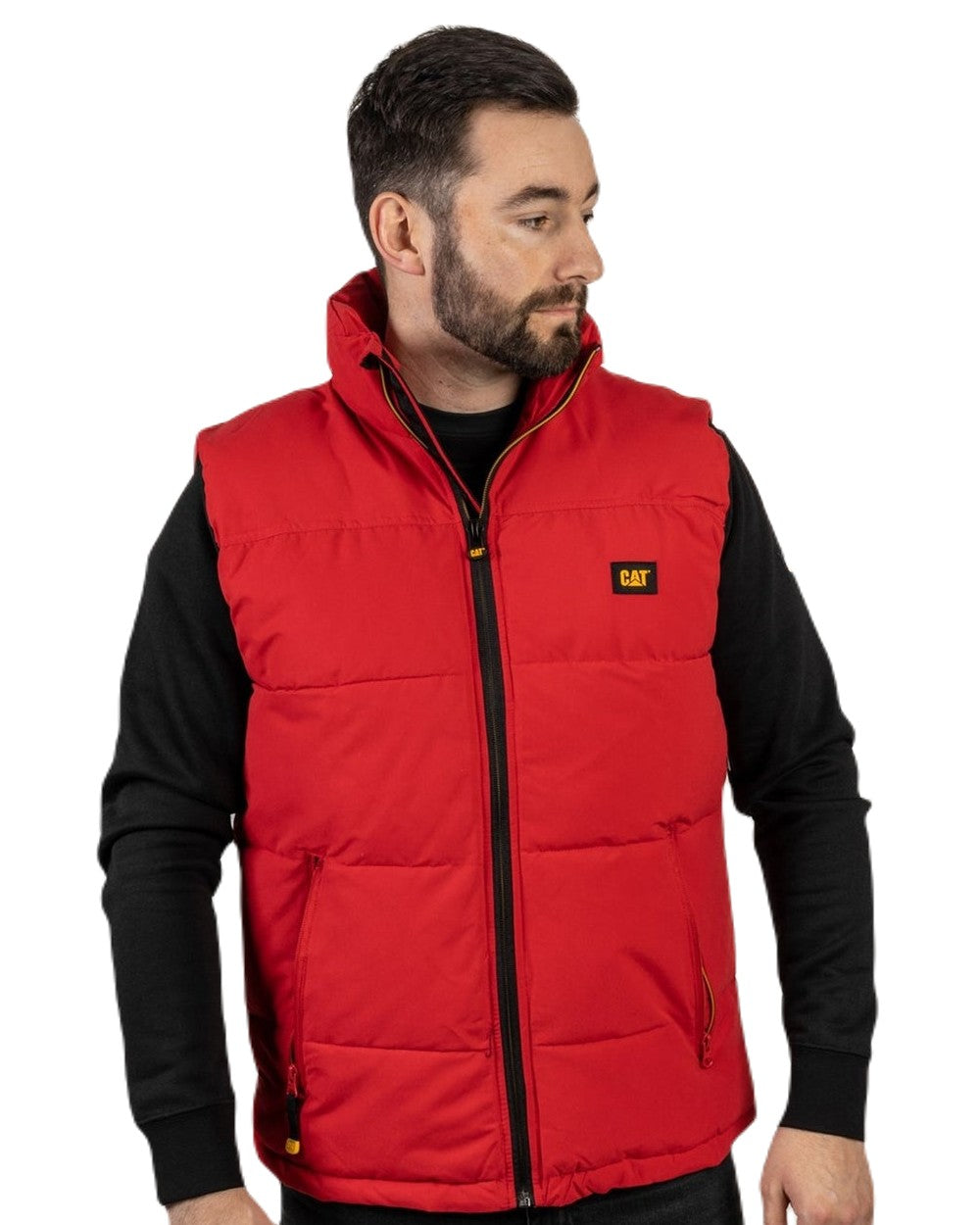Hot Red Coloured Caterpillar Arctic Zone Vest on White Background
