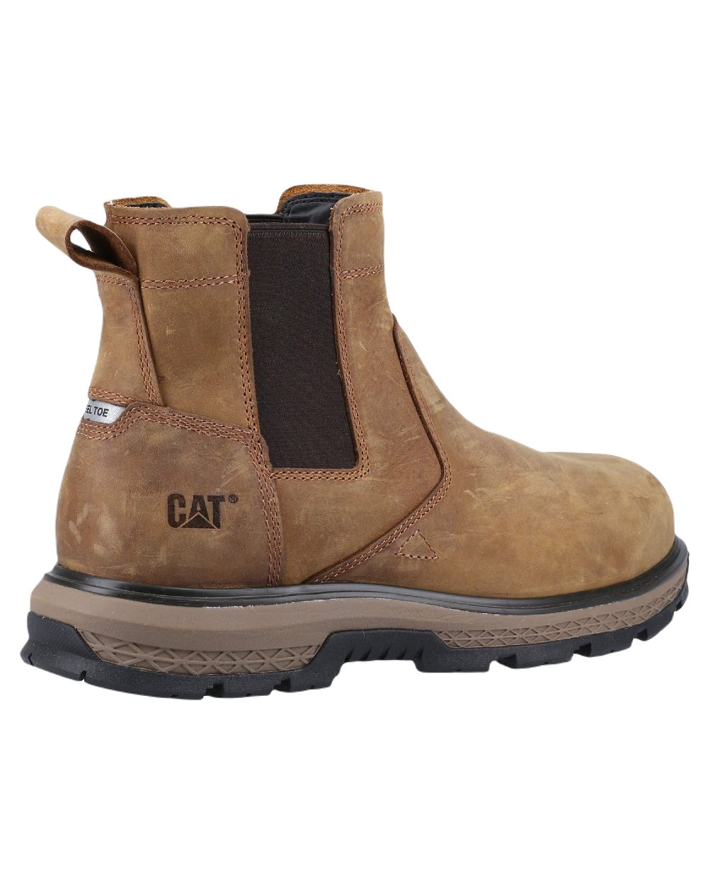 Pyramid Coloured Caterpillar Exposition Chelsea Safety Boots on White Background
