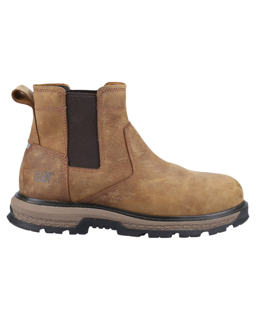 Pyramid Coloured Caterpillar Exposition Chelsea Safety Boots on White Background
