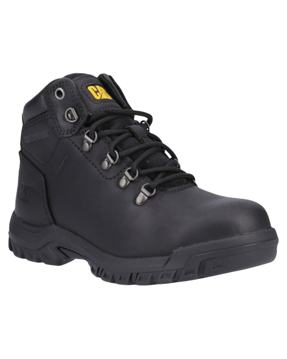 Black Coloured Caterpillar Mae Safety Boots on White Background
