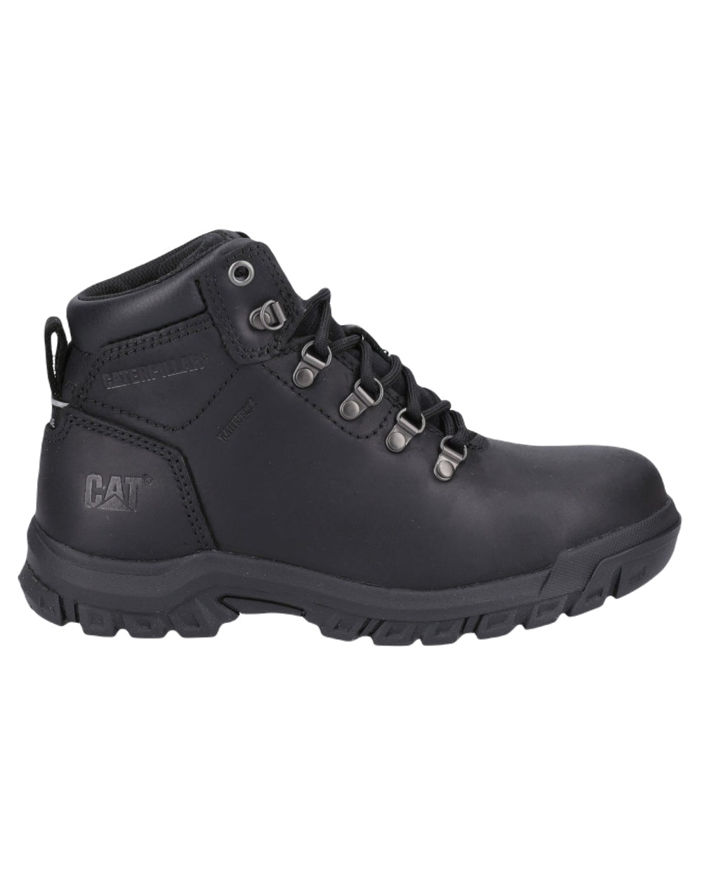 Black Coloured Caterpillar Mae Safety Boots on White Background
