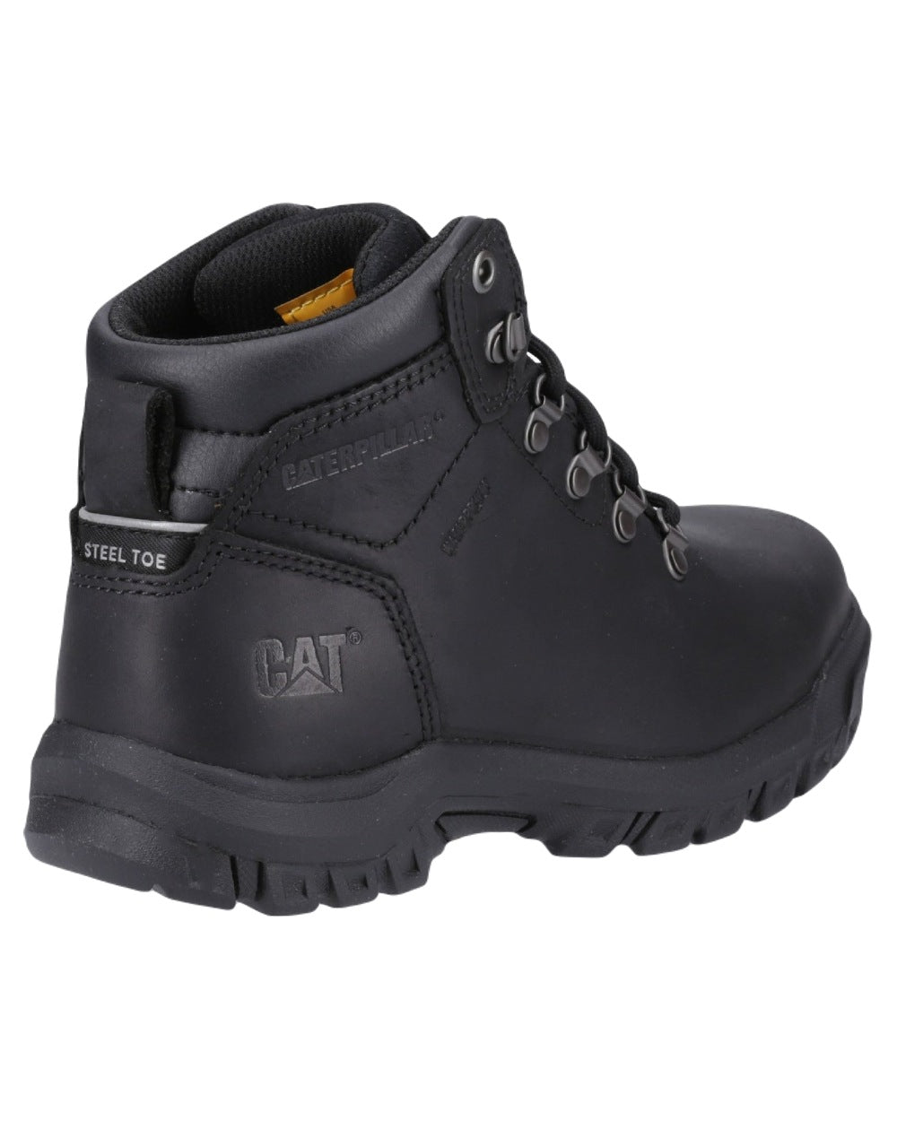 Black Coloured Caterpillar Mae Safety Boots on White Background
