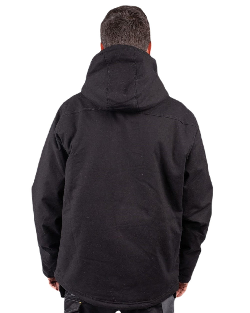 Black Coloured Caterpillar Mens Hooded Sherpa Lined Jacket on White Background
