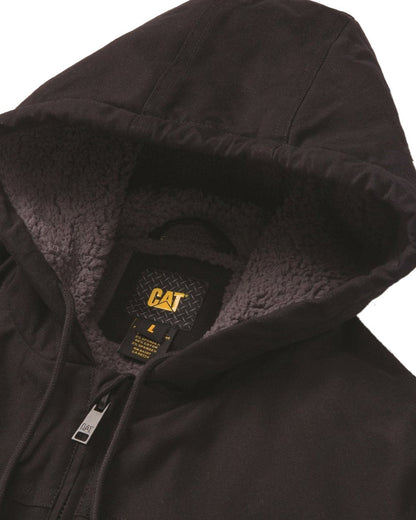 Black Coloured Caterpillar Mens Hooded Sherpa Lined Jacket on White Background
