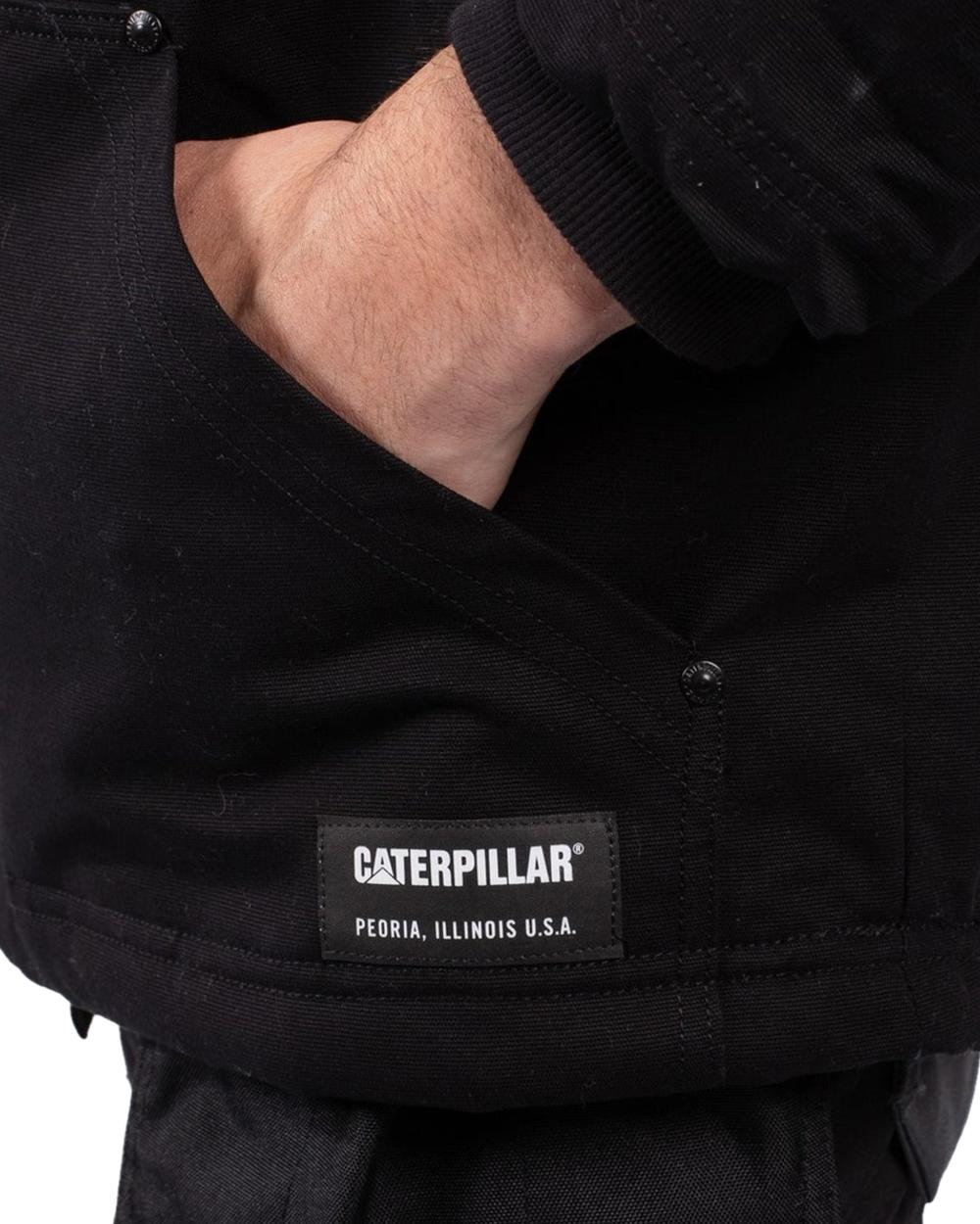 Black Coloured Caterpillar Mens Hooded Sherpa Lined Jacket on White Background

