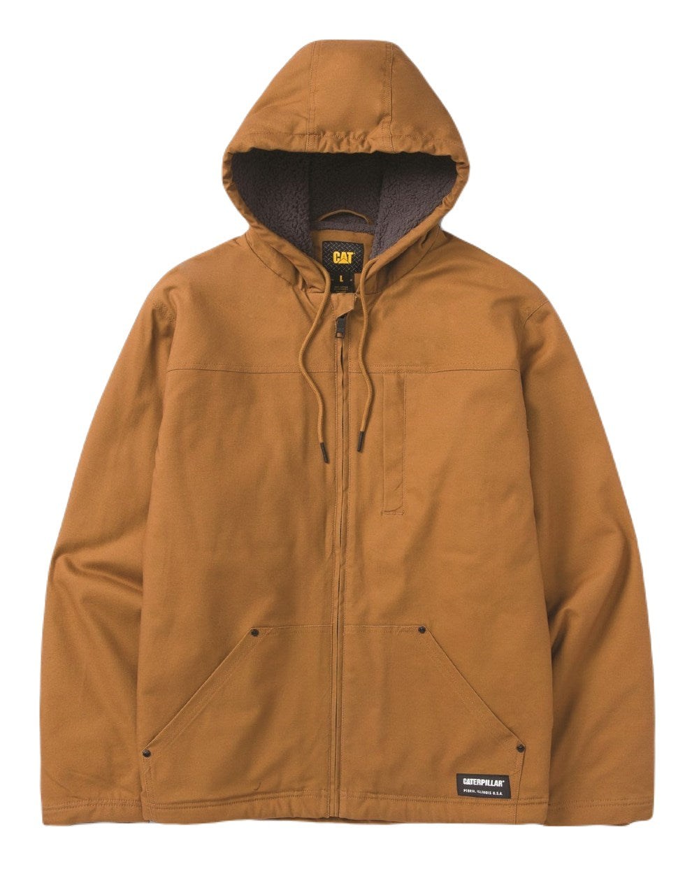 Bronze Coloured Caterpillar Mens Hooded Sherpa Lined Jacket on White Background
