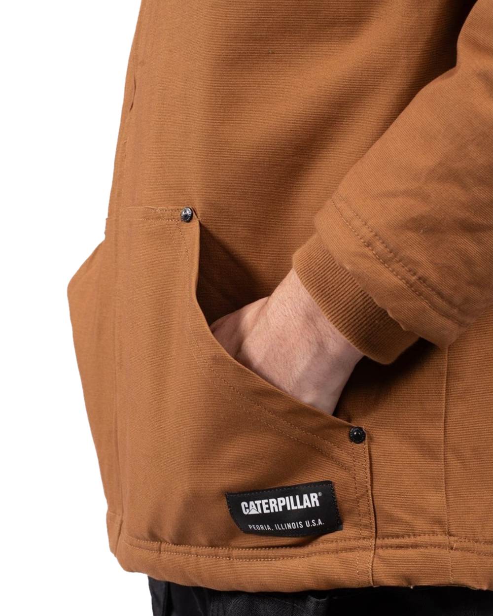 Bronze Coloured Caterpillar Mens Hooded Sherpa Lined Jacket on White Background
