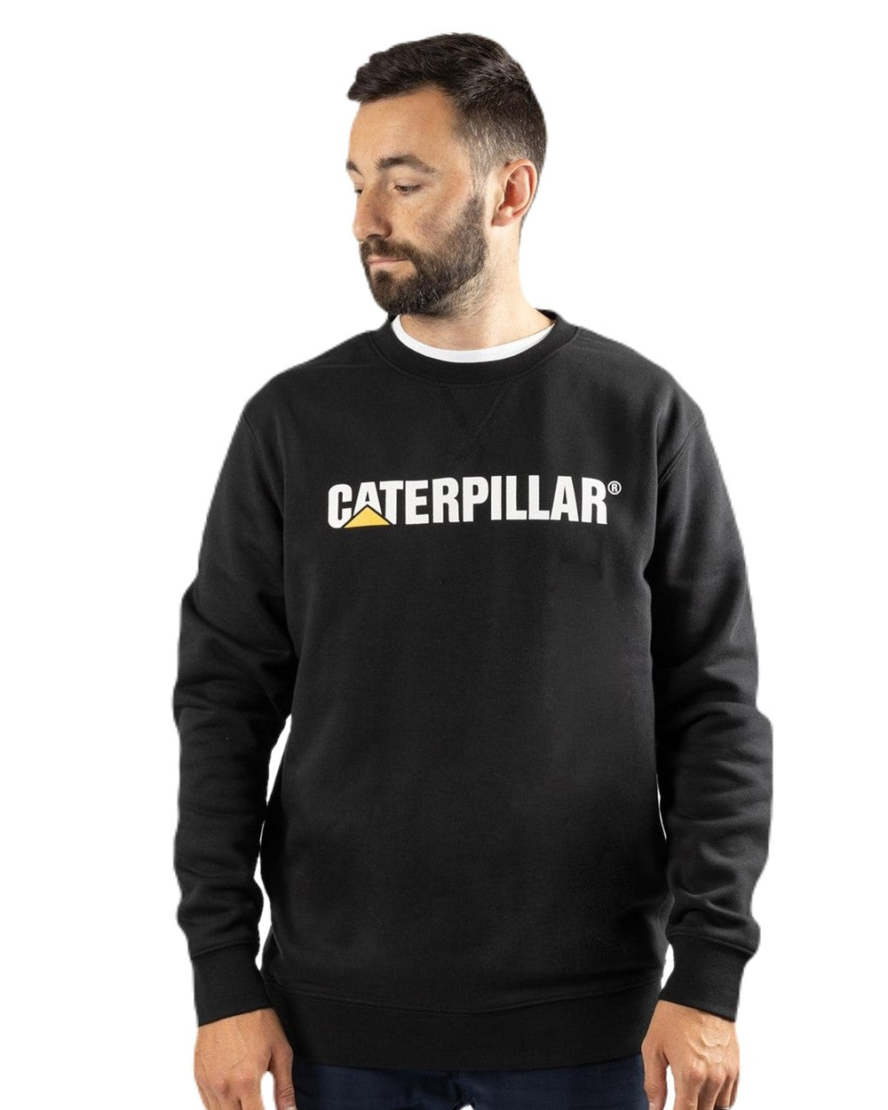 Black Coloured Caterpillar Mens Midweight Crewneck Sweatshirt on White Background

