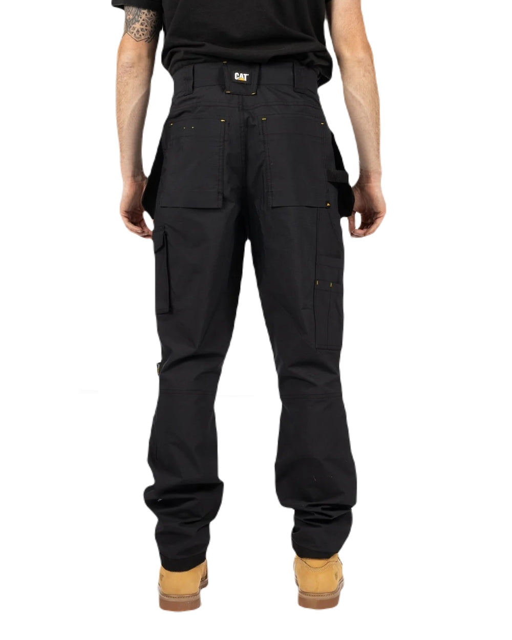 Black Coloured Caterpillar Mens Nexus Holster Stretch Pocket Trousers on White Background
