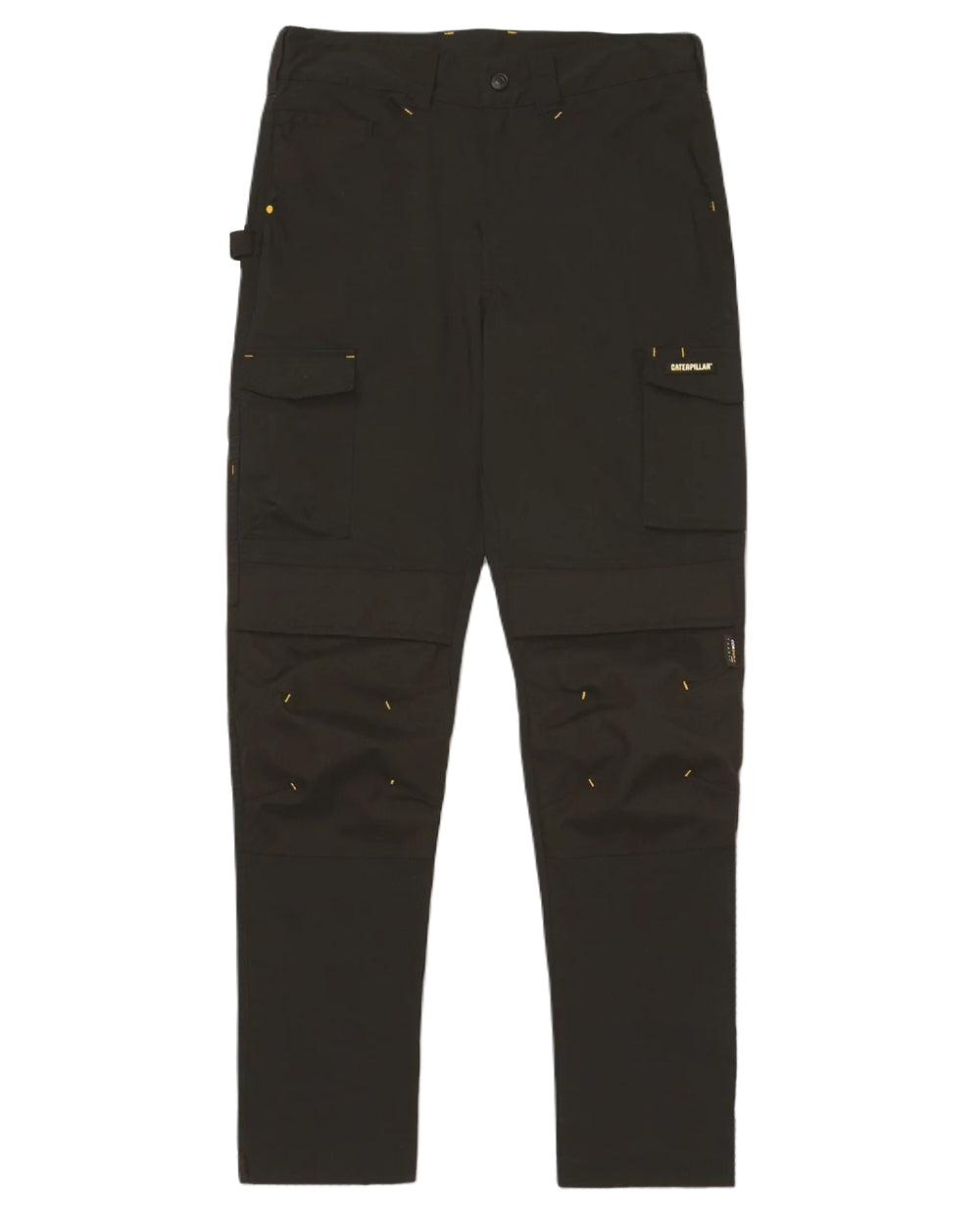 Black Coloured Caterpillar Mens Nexus Knee Pocket Stretch Trousers on White Trousers

