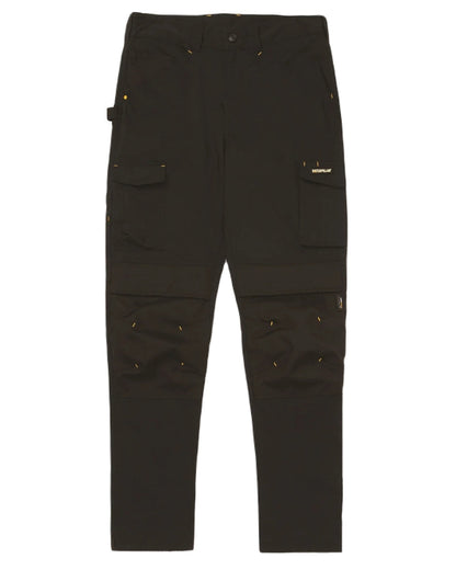 Black Coloured Caterpillar Mens Nexus Knee Pocket Stretch Trousers on White Trousers
