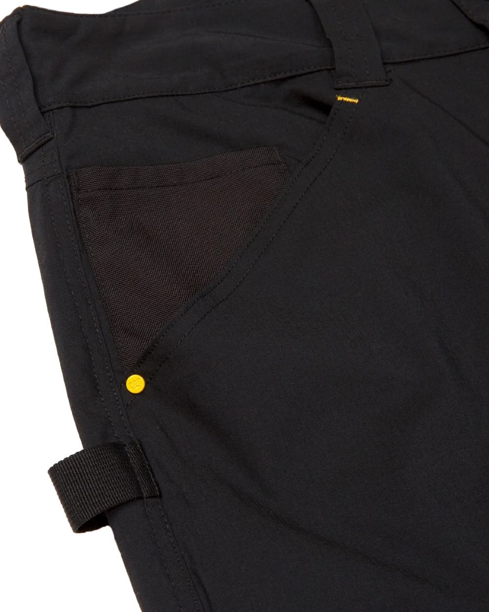 Black Coloured Caterpillar Mens Nexus Knee Pocket Stretch Trousers on White Trousers
