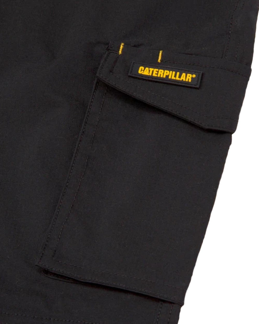 Black Coloured Caterpillar Mens Nexus Knee Pocket Stretch Trousers on White Trousers
