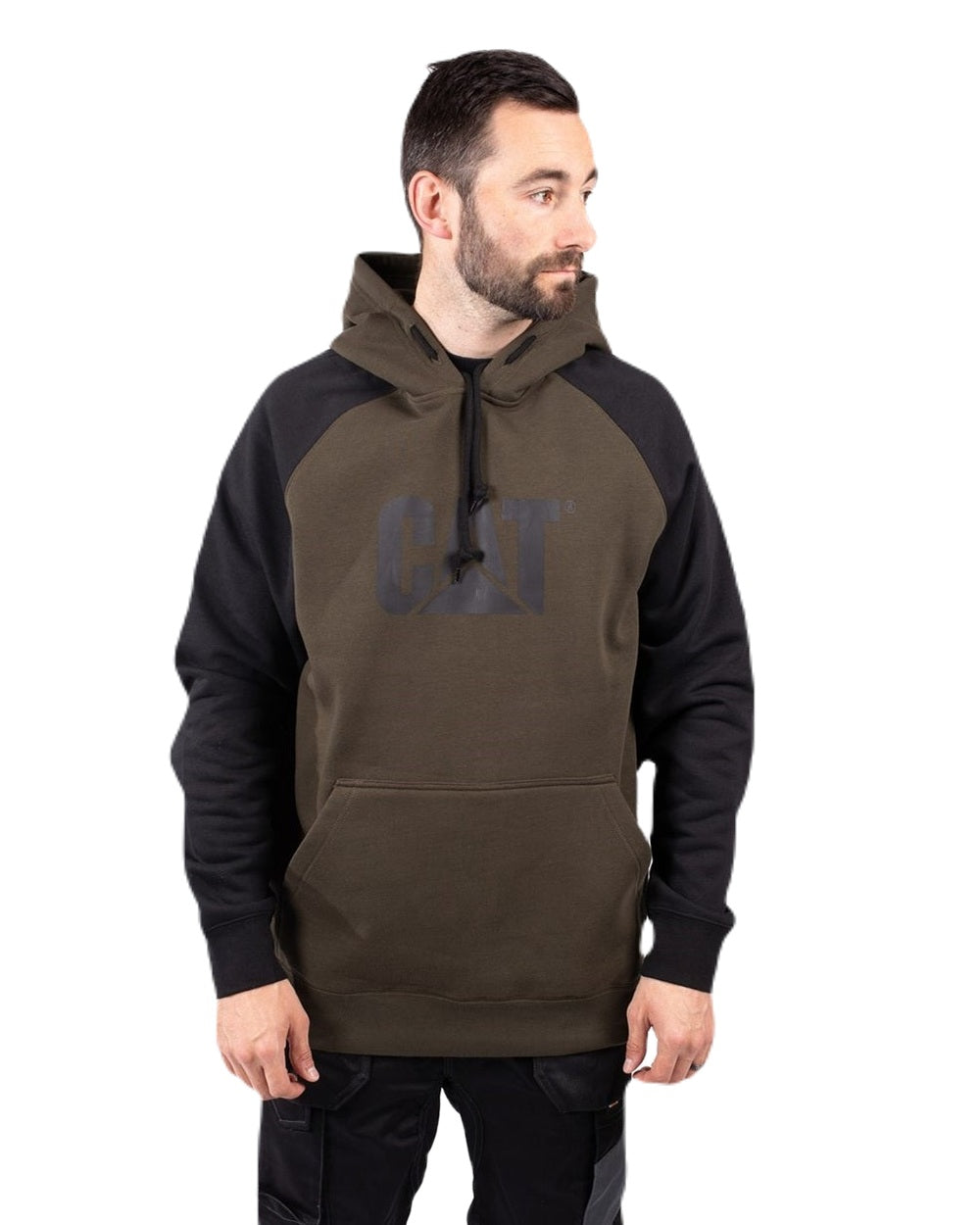 Army Moss Black Coloured Caterpillar Mens Raglan Hooded Sweatshirt on White Background
