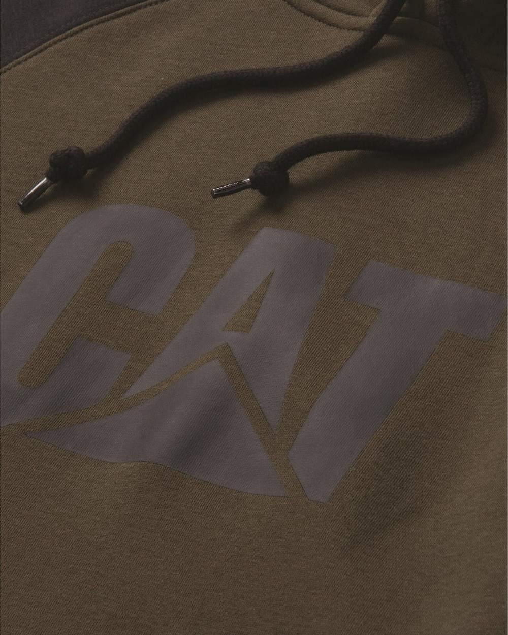 Army Moss Black Coloured Caterpillar Mens Raglan Hooded Sweatshirt on White Background
